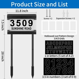 Solar House Numbers for Outside, Solar Address Sign, Smart Auto ON/OFF RGBW Color Waterproof LED 7 Lighting Modes Address Signs for Houses, for with Lawn Stakes Garden Street Home Yard (MultiColor)