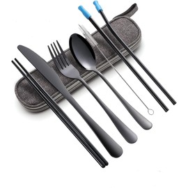 Juego de Cubiertos Portátiles de Acero Inoxidable: Utensilios de Viaje Reutilizables con Estuche con Tenedor/Cucharas/Cuchillo/Palillos para Acampar, lonchera y Picnic (Negro)
