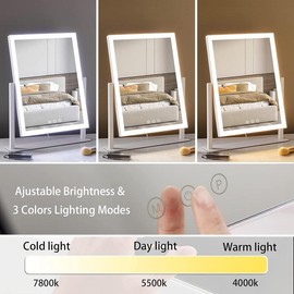Lighted Makeup Mirror, Hollywood Vanity Mirror with Lights, Three Color Lighting Modes, and 5X Magnification Mirror, Smart Touch Control, 360°Rotation (17.3in,White,Gift Box) Decor - Style: 13.5"L x 17.4"W (96 LED)
