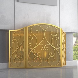 Fire Beauty Fireplace Screen 3 Panel Wrought Iron Metal 48"(L) x30(H) Spark Guard Cover(Golden Dusting)
