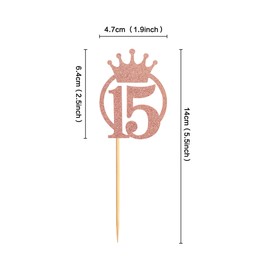 Unimall Pack of 24 Rose Gold Glitter Number 15 Cupcake Toppers with Crown 15th Birthday Party Cupcake Toppers Fifteen Years Old Birthday Children Mis Quince Party Decoration