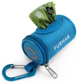 FURHAB Dog Poop Bag Holder for Leash Doggie Waste Bag Dispenser Soft Fabric Puppy Potty Carrier Small Doggy Zipper Pouch with Carabiner Clip 1680D Nylon Oxford with 1 Roll of Pet Trash Bags, Sky Blue