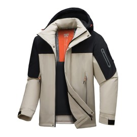 Jsslaik Men's Performance Insulated Jacket with 4D Smart Heating Windproof Waterproof Ski Mountaineering Coat Lightweight 1800g Fill and Graphene Lining Detachable Hood USB Heated （Black Apricot-XL）