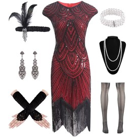 WILDPARTY 1920s Dresses for Women, Flapper Dress with Sequins Beaded Fringed Mesh Stockings, 20s Accessories Mafia Costume Ladies