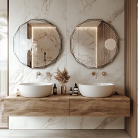 Bathroom Mirror for Wall, 24" x 24" Circle Bathroom Vanity Mirror, Beveled Edge Frameless Wall Mount Vanity Mirror, Decorative Round Irregular Beveled Edge