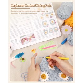 Reessy Crochet Kits for Beginners Adults, Granny Crochet Blanket Kit with Instruction Book Crochet Hooks, Yarn Balls for Adults Learn How to Crochet Daisy Granny Squares Blanket