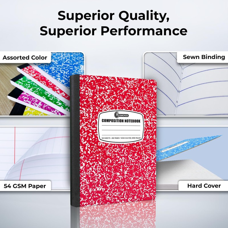 Rosmonde 5 Pack Composition Notebook Wide Ruled, 200 Pages (100