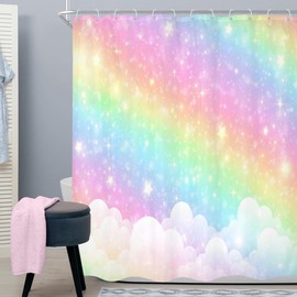 Cinbloo Kids Rainbow Shower Curtain 60Wx72H Girls Pastel Cartoon Cute Colorful Sky Clouds Stars Aesthetic Bathroom Curtain Set Girly Bath Curtain Cloth Fabric Bathroom Accessories Decor with 12 Hooks