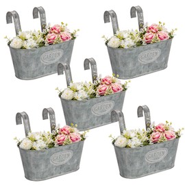 Briful 10'' Hanging Planter Outdoor 5PCS Metal Railing Planter for Herb Flower, Oval Galvanized Buckets with Detachable Hooks, Garden Fence Balcony Windowsill Hanging Pot, Grey