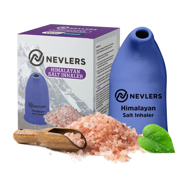 Nevlers Himalayan Salt Inhaler Ceramic with 6 Oz Himalayan Pink Salt Organic Coarse - for Allergies and Asthma Relief - Natural Pink Sea Salt Inhaler - Cobalt