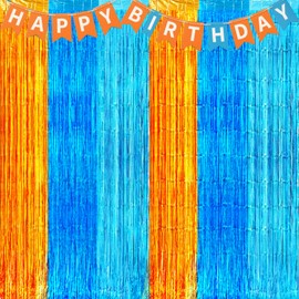 2 Pack 3.2ft x 6.6ft Blue Dogs Foil Fringe Curtains, Orange and Blue Metallic Tinsel Photo Props Streamers Backdrop for Kids Birthday, Wedding, Baby Shower, and Party Decorations
