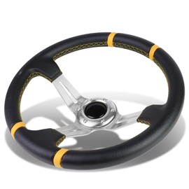 Auto Dynasty Aluminum Frame Vinyl Leather Cover 350mm 6-Bolt Steering wheels + Horn Button (Silver Spoke/Silver Stripe)