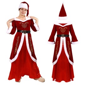 Hqroidd 3PCS Mrs Santa Claus Costume for Women, Christmas Red Santa Dresses With Hat Belt, Adult Xmas Cosplay Party Props (XLarge)