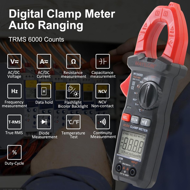 Digital Clamp Meter, Multimeter 6000Counts Volt Meter Auto-ranging Measures AC/DC