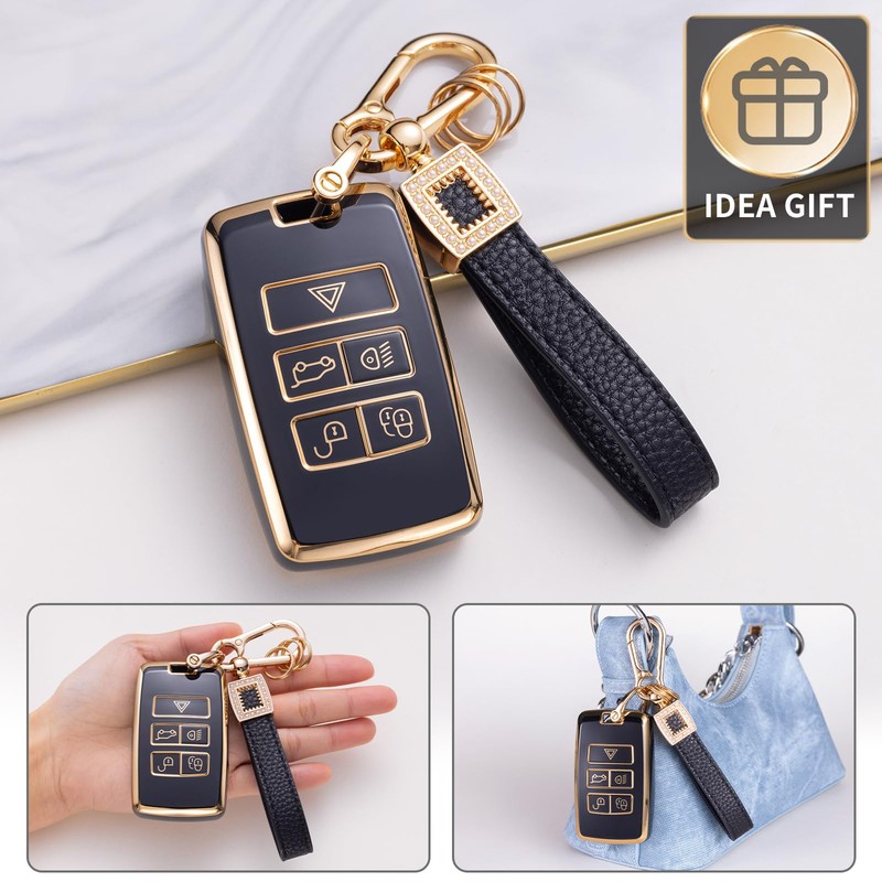 CACARLIKE for Land Rover Key Fob Cover with Leather Lanyard,