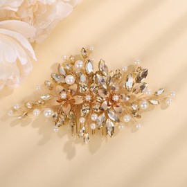 Teyglen Champagne Crystal Flower Headpiece Bride Rhinestone Wedding Hair Comb Handmade Crystal Pearl Hair Piece Rhinestone Bridal Side Comb Hair Accessories for Women(Champagne)