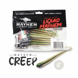Liquid Mayhem Creep, 4" Soft Plastic Lures for Bass & Walleye – Easy to Rig with Lifelike Action – Includes Bonus 10ml Attractant Gel – 3 Packs (24 Baits) – Clear with Huckleberry Core