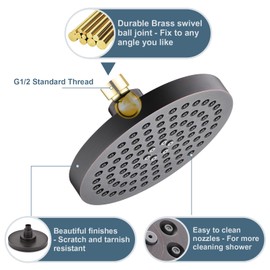 BRIGHT SHOWERS High Pressure Shower Head, 6 Inch Rain Shower Head, 2 Spray Settings Rainfall Shower Heads, Adjustable Angle Replacement Bathroom Showerhead, Easy Installation Oil Rubbed Bronze