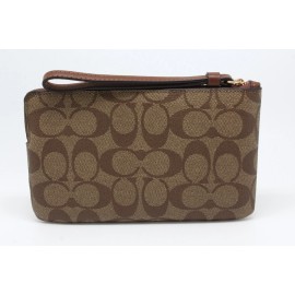 Coach Women's Large Corner Zip Wristlet In Signature Canvas Khaki Saddle