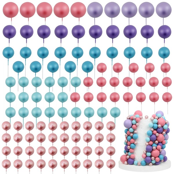 Acmee - 115 decoraciones para tartas de bolas, mini globos para decoración de tartas, bola de espuma, púas para cupcakes, decoración de tartas, decoración de cumpleaños, boda, baby shower, rosa, morado y azul