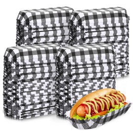 Yinkin 300 Pcs Paper Hot Dog Trays 6 Inch Food Trays Concession Stand Supplies Disposable Hot Dog Holder Paper Hotdog Boats Rectangular Fluted Liners for Takeout Food(Black,Checkered)
