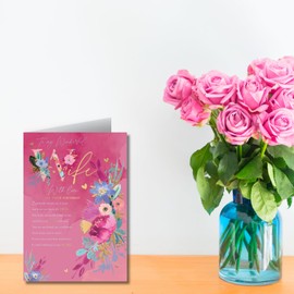 Words and Wishes Wife Birthday Card, Pink Floral Design, Rose Gold Foil, 23 cm x 16 cm