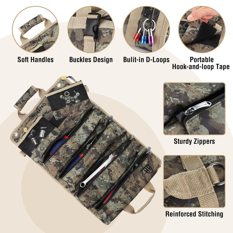 WORKPRO Roll Tool Bag with Detachable Pouches, Heavy Duty Organizer