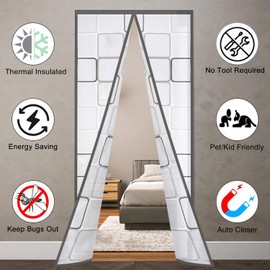Insulated Door Curtain, Thermal Magnetic Self-Sealing EVA Door Screen, Keep Cold Out Door Cover Auto Closer for Kitchen, Bedroom, Air Conditioner Room,Hands Free, Fits Doors up to 36" x 82", Grey