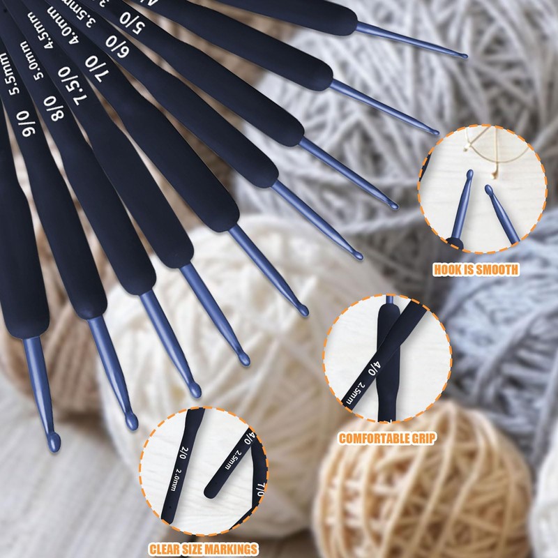 Ergonomic Crochet Hook Set, Blue Handle Crochet Knitting Needles Kit