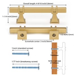 Haliwu 10 Pack Gold Cabinet Pulls, 3 inch Brushed Brass Kitchen Handles Square Dresser Drawer Hardware