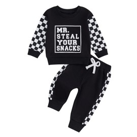 BeQeuewll Fall Winter Toddler Baby Boy Clothes 2Pcs Color Block Crewneck Sweatshirt and Pants Sweatsuit Little Boy Clothing (Snacks-Black, 12-18 Months)