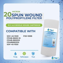 Tier1 20 Micron 10 x 4.5 Water Filter | Spun Wound Polypropylene Whole House Sediment Water Filter Cartridge | Replacement for SDC-45-1020, FPMB-BB20-10, P20-10BB | 4.5 x 10 Water Filter (6-Pack)