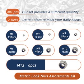 Kinhon Rock 401pcs Metric Nylon Insert Lock Nuts Assortment Set DIN 985 304 Stainless Steel Nylon Locknuts Hex Locknuts Kit with Box M3 to M12 Reusable Anti-Loose Corrosion-Resistant for RC Car DIY