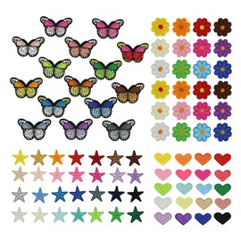 87 Pcs Iron On Patches for Clothes, Assorted Styles Sew On Embroidery Patches, Small Flower Heart Butterfly Star Iron On Patches for Jeans Hats Jackets DIY (Style A)