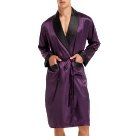 Mens Satin Robe Lightweight Silk Long Sleeve Bathrobe with Shorts Set Spa Kimono Sleepwear （M, Purple with Black Collar)