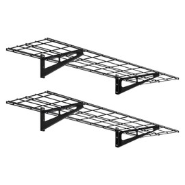 GarveeTech Heavy Duty Garage Wall Shelving with Hooks, 4' x 1' Wall Mounted Storage Shelves, Loads 150lbs Each (Black, 2 Pack)