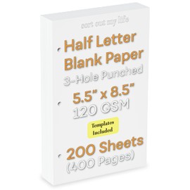 Half Letter 3-Hole Punched Blank Paper, 200 Sheets, 120 GSM, Loose Leaf, 5.5 x 8.5 inch, for Printing Custom Templates and DIY Planning