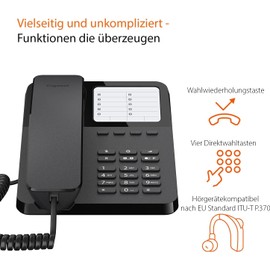 Gigaset DESK 400 - Corded Telephone with Elastic Cable - Space for 10 Speed Dial Entries - Redial - MFV or Pulse Selector Adjustable, Black [German Version]