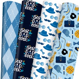 Adurself 28 x 40 Inch Father's Day Wrapping Paper Mustaches Tie Hat Happy Father's Day Assorted Colors & Design, Folded Best Dad Ever Flat Gift Wrap Paper - 6 Jumbo Sheets for Men Father Birthday
