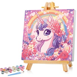 Unicorn Paint by Numbers Children with Frame Unicorn Paint by Numbers for Child Cute Animal Oil Painting Children from 5 6 7 8 9 Years for Home Decoration 20 x 20 cm (with Wooden Frame)