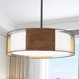 HFYOXK 19.7'' Farmhouse Drum Chandeliers for Dining Room, 4 Light 2-Layer Shade Chandelier Large Round Pendant Light Fixtures, Modern Light Fixture for Dining Room Kitchen Island Living Room Bedroom