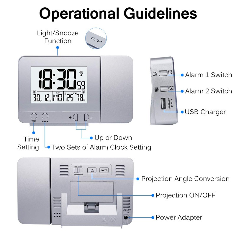 Projection Alarm Clock ALLOMN USB Charging Dual Alarms Clock with