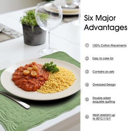 Grass Green 100% Cotton Quilted Placemats Set of 6, Rectangular Placemats Machine Washable-13x18 inches for Kitchen or Dining Table Fabric Rectangular Table Mats (13"x18")