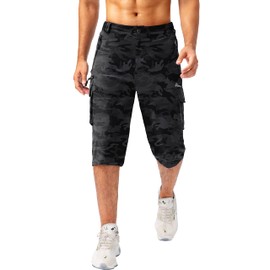 Pudolla Men's Capri Pants Quick Dry 3/4 Long Shorts with 6 Pockets for Fishing Golf Athletic Hiking, Black Camo, Medium