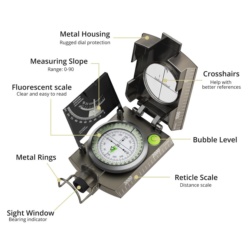 Anbte Hiking Compass, IP65 Waterproof Metal Compass with Sighting Clinometer,