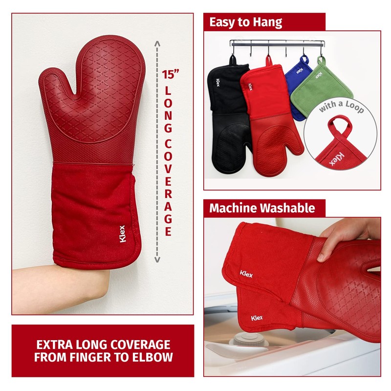 Klex Extra Long Silicone Oven Mitts and Pot Holders, 932°F