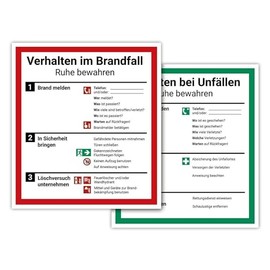 Sign poster, Verhalten im Brandfall and Verhalten bei Unfällen as a set, 18 x 20 cm, with UV protection, PVC label, ISO 7010, emergency plan company notice