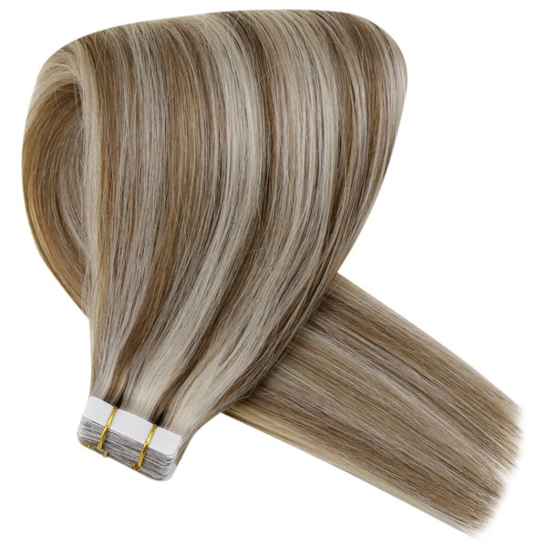 LaaVoo Tape Extensions Real Hair Blonde Remy Real Hair Tape-In Skin Weft Light Brown Piano Colour Platinum Blonde Highlights Seamless Hair Extensions 30 g / 20 Pieces #P8/60 25 m