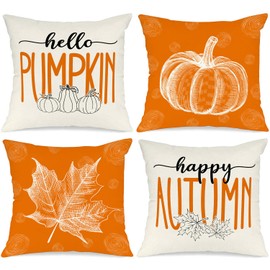 Benjia Orange 40x40 Autumn Cushion Covers Set of 4, Maple Leaf Pumpkin Decorative Holiday 16x16 Inch Fall Throw Pillow Covers Thanksgiving Pillow Case for Indoor Home Bedroom Couch Sofa Decor 40x40cm