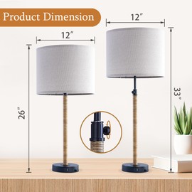 Maxax Rattan Buffet Table Lamp Set of 2 for Living Room, 26" to 33" Height Adjustable Tall Skinny Farmhouse Black Bedside Nightstand Lamp with USB A+C Ports for Bedroom End Table